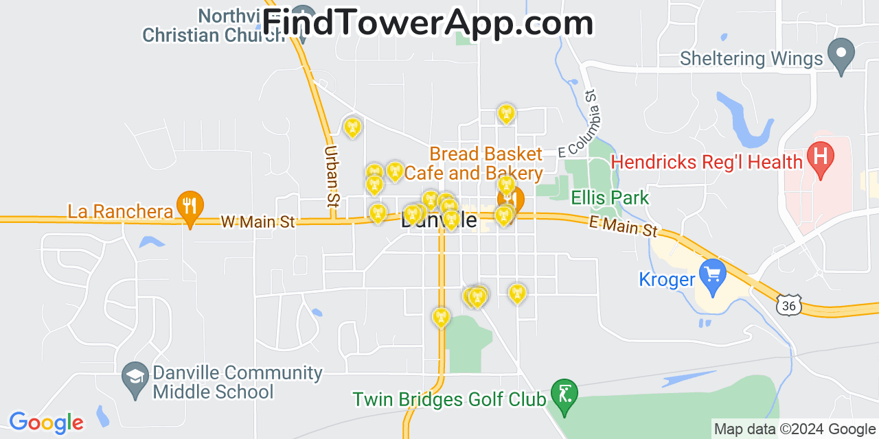 AT&T 4G/5G cell tower coverage map Danville, Indiana