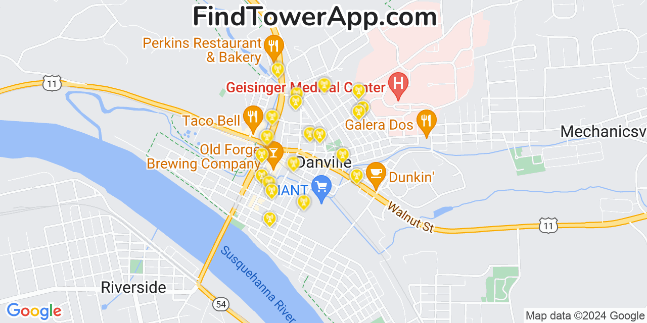AT&T 4G/5G cell tower coverage map Danville, Pennsylvania