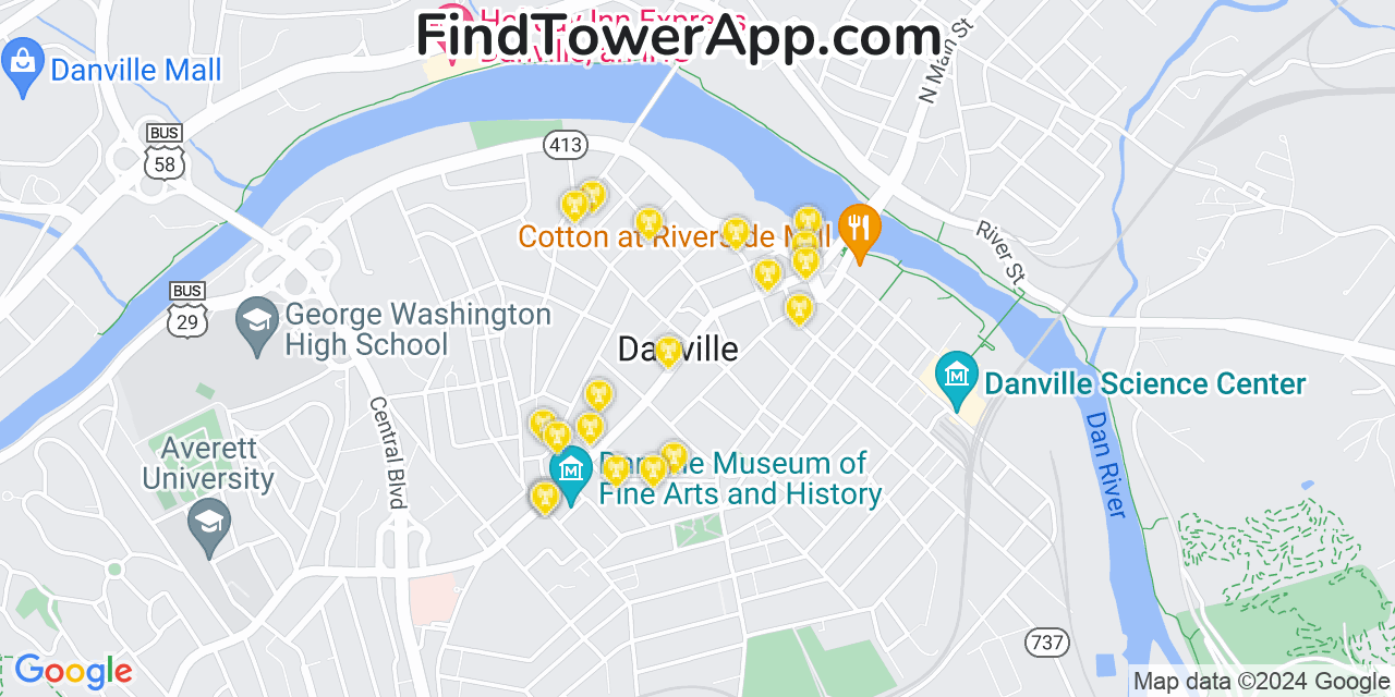 AT&T 4G/5G cell tower coverage map Danville, Virginia