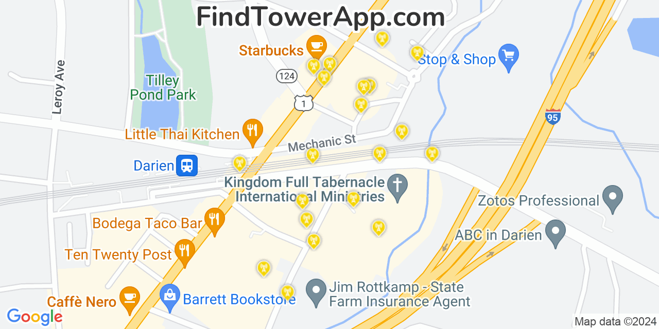 AT&T 4G/5G cell tower coverage map Darien, Connecticut