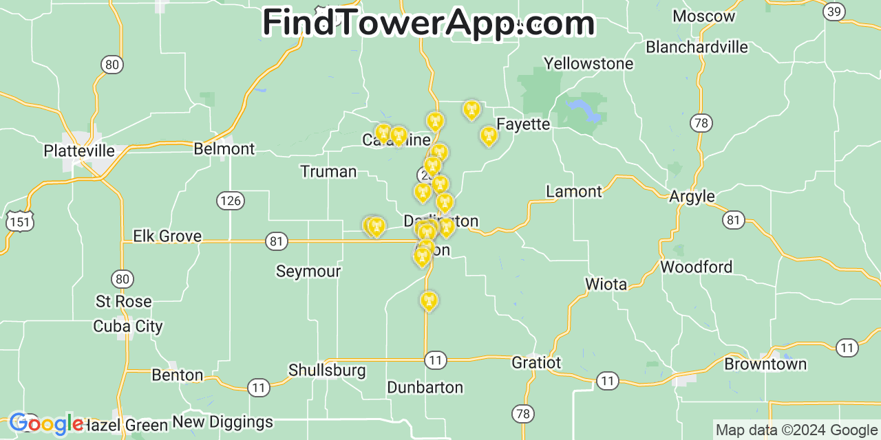 AT&T 4G/5G cell tower coverage map Darlington, Wisconsin