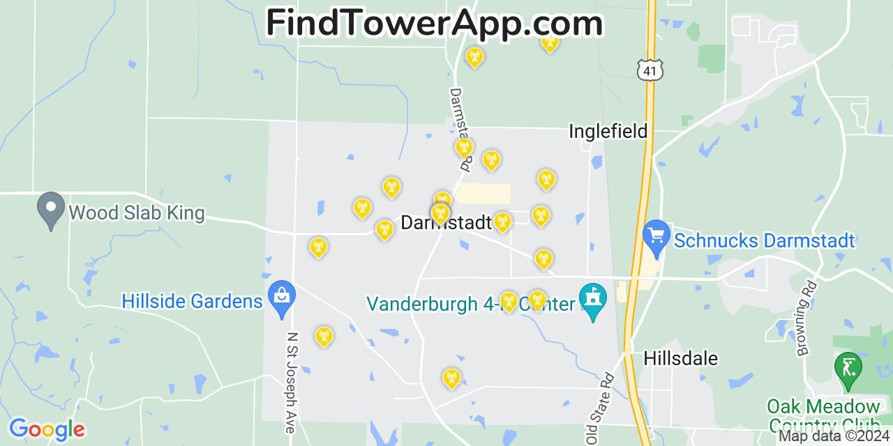 AT&T 4G/5G cell tower coverage map Darmstadt, Indiana