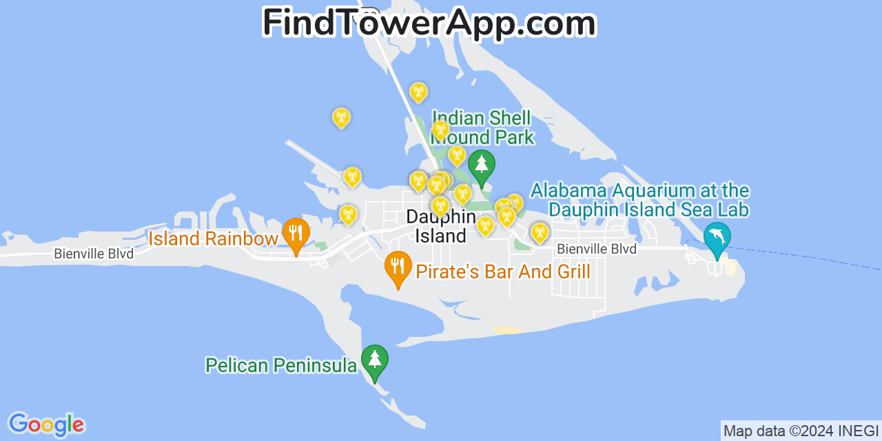 AT&T 4G/5G cell tower coverage map Dauphin Island, Alabama