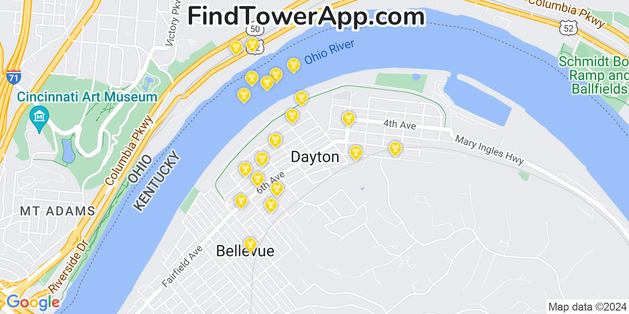 AT&T 4G/5G cell tower coverage map Dayton, Kentucky