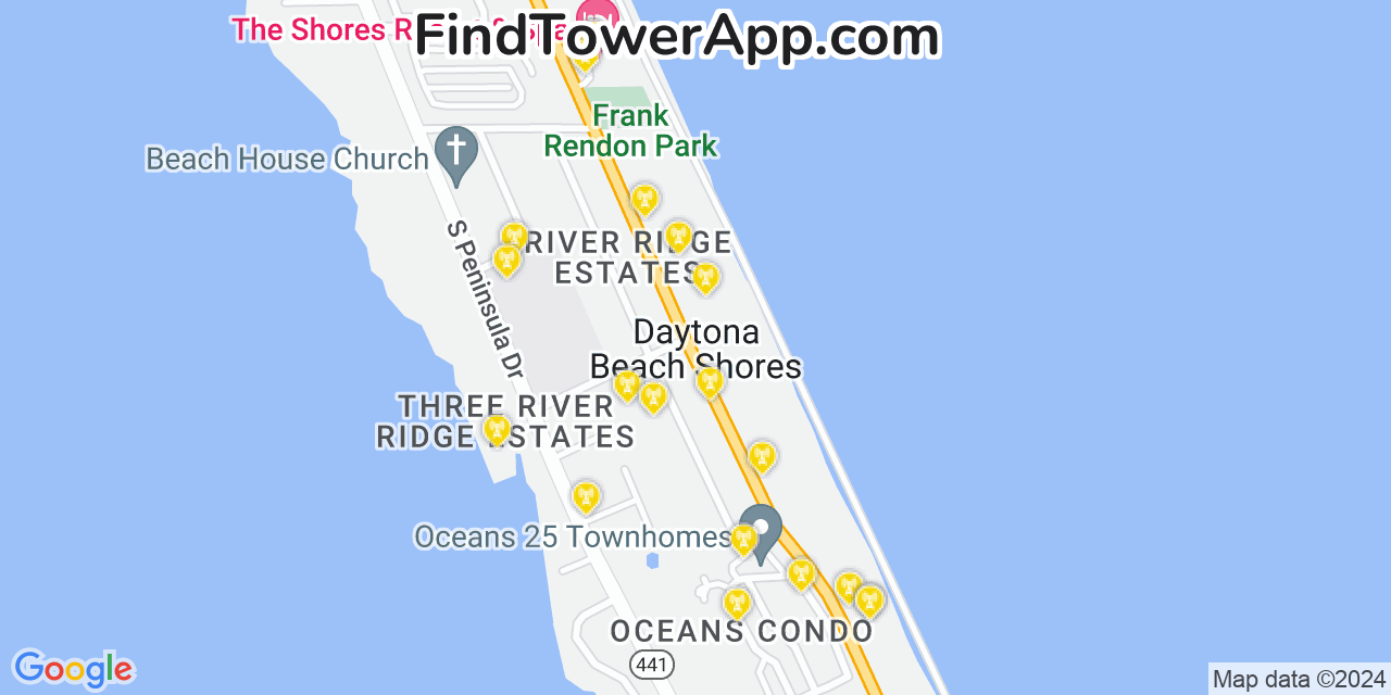 AT&T 4G/5G cell tower coverage map Daytona Beach Shores, Florida
