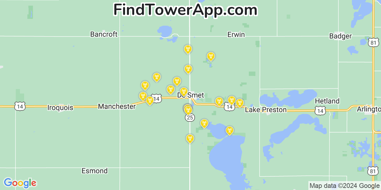 AT&T 4G/5G cell tower coverage map De Smet, South Dakota
