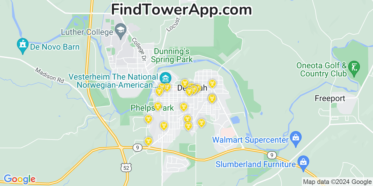 AT&T 4G/5G cell tower coverage map Decorah, Iowa