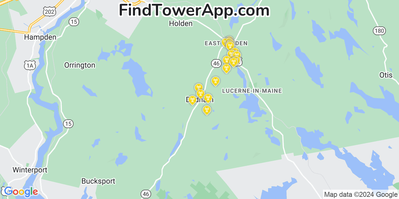 AT&T 4G/5G cell tower coverage map Dedham, Maine