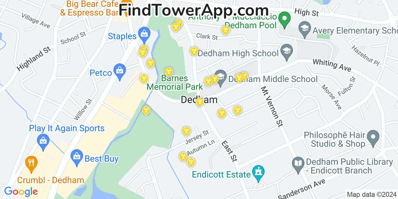 AT&T 4G/5G cell tower coverage map Dedham, Massachusetts