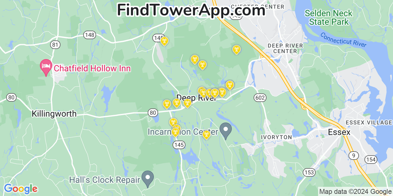 AT&T 4G/5G cell tower coverage map Deep River Center, Connecticut