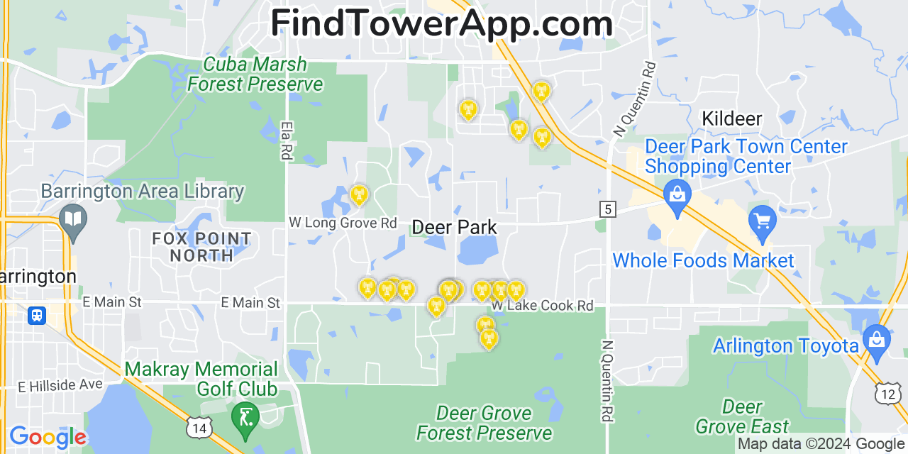 AT&T 4G/5G cell tower coverage map Deer Park, Illinois