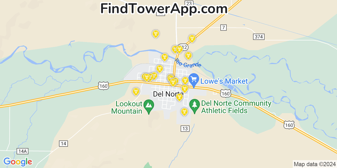 AT&T 4G/5G cell tower coverage map Del Norte, Colorado