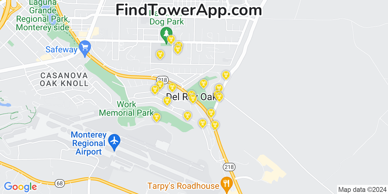 AT&T 4G/5G cell tower coverage map Del Rey Oaks, California