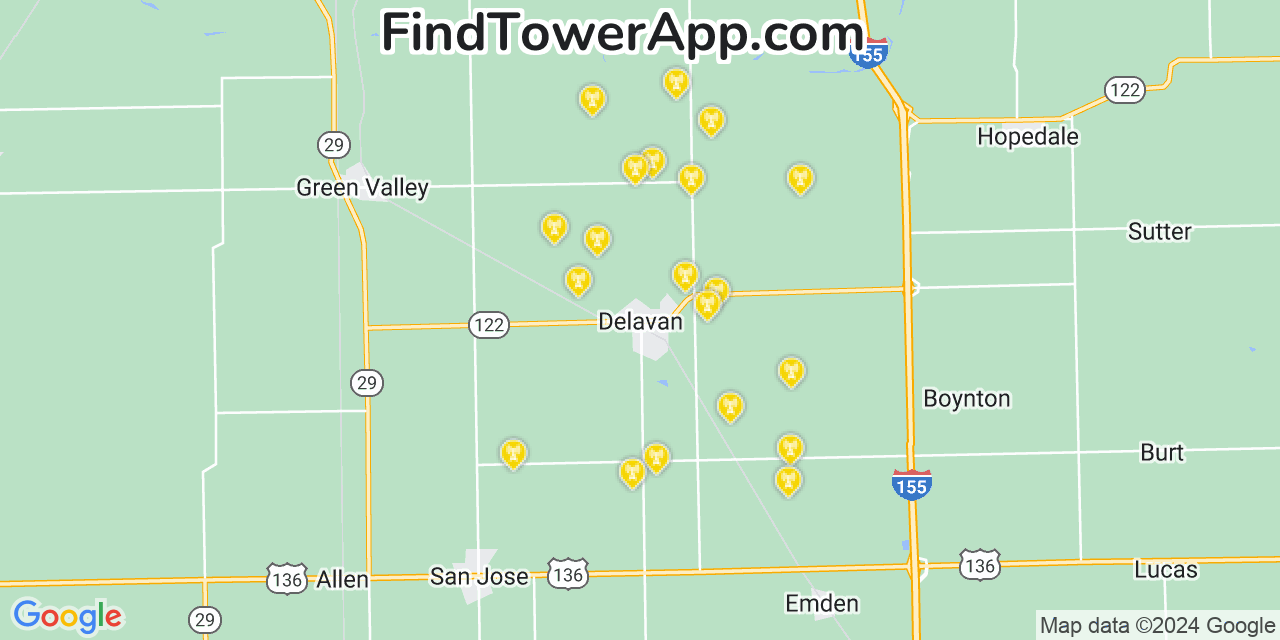 Verizon 4G/5G cell tower coverage map Delavan, Illinois