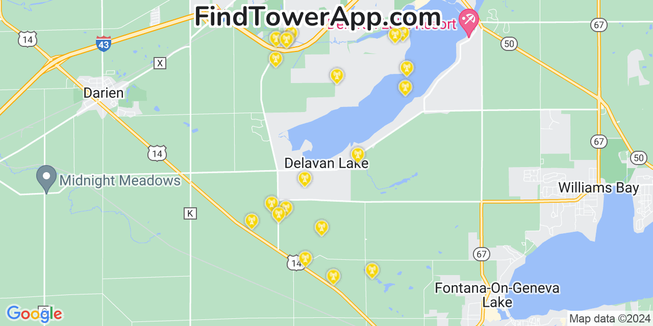 AT&T 4G/5G cell tower coverage map Delavan Lake, Wisconsin