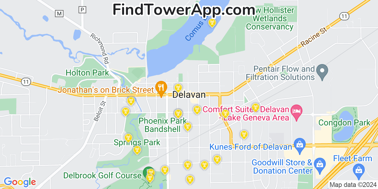 Verizon 4G/5G cell tower coverage map Delavan, Wisconsin