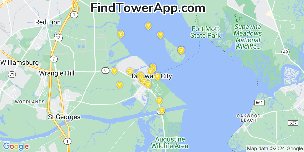 AT&T 4G/5G cell tower coverage map Delaware City, Delaware