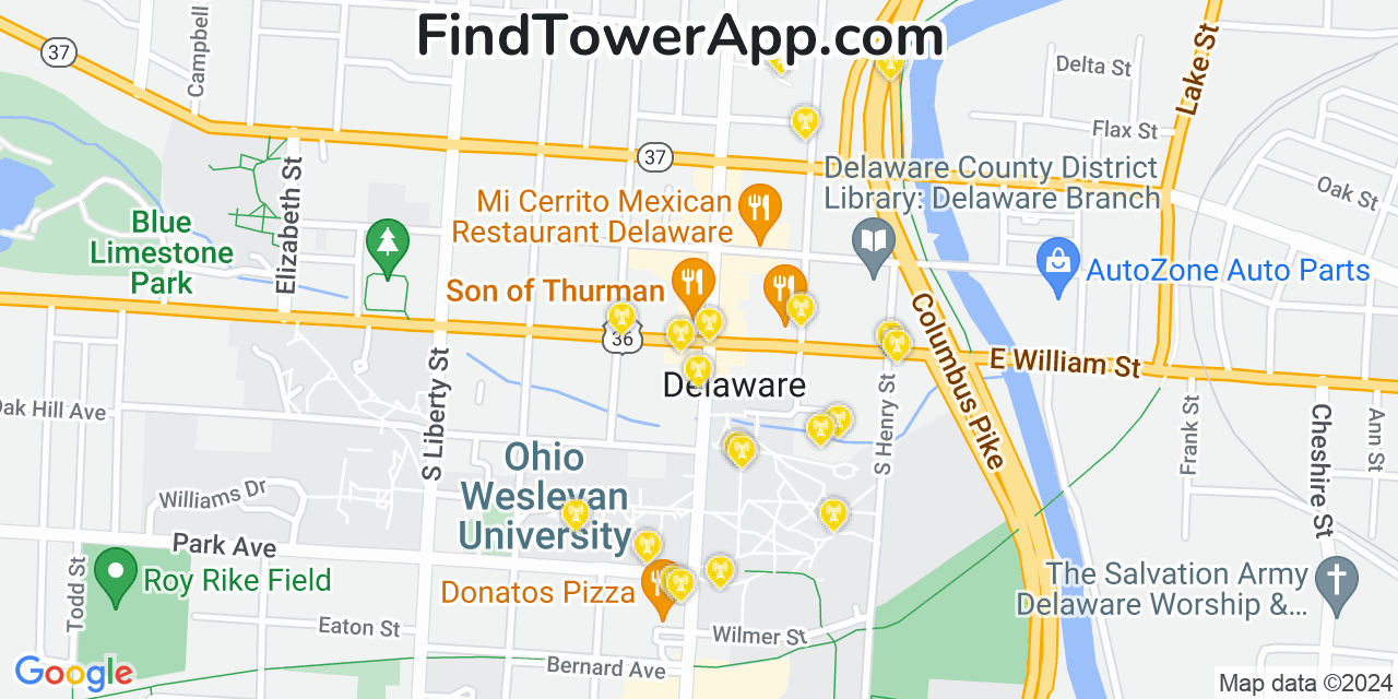 AT&T 4G/5G cell tower coverage map Delaware, Ohio