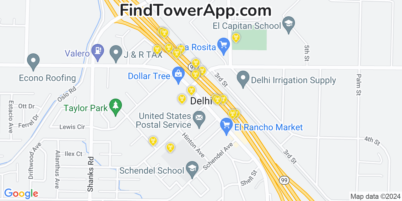 AT&T 4G/5G cell tower coverage map Delhi, California