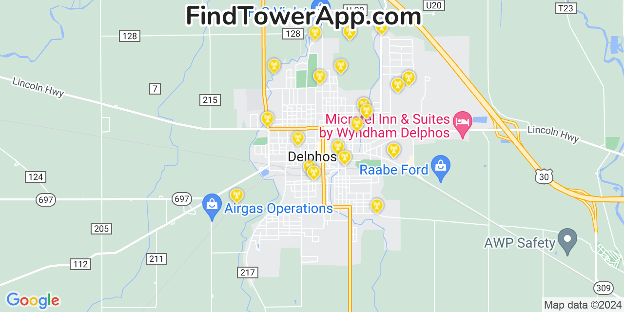 AT&T 4G/5G cell tower coverage map Delphos, Ohio