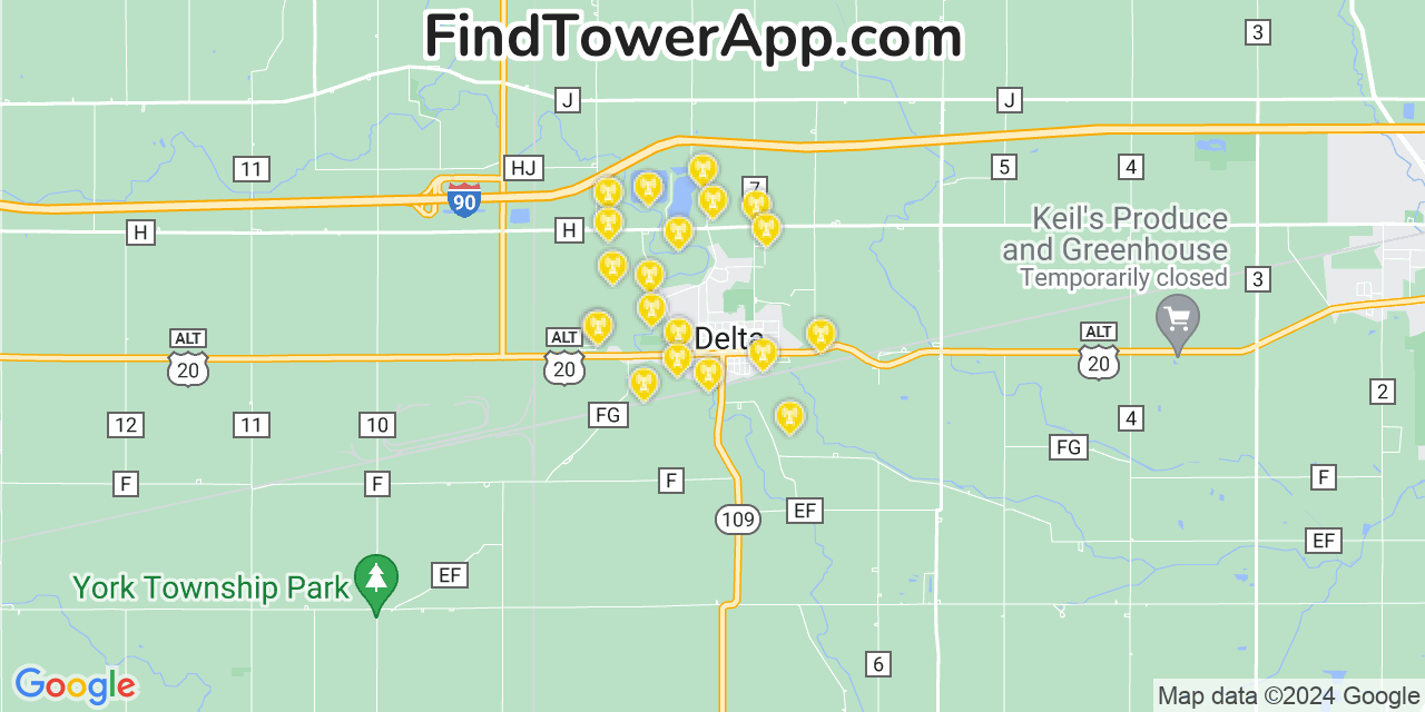 AT&T 4G/5G cell tower coverage map Delta, Ohio