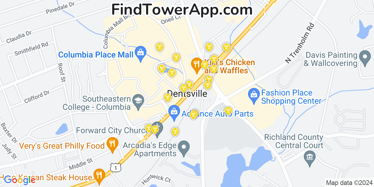 AT&T 4G/5G cell tower coverage map Dentsville, South Carolina
