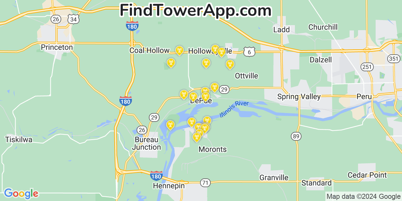 AT&T 4G/5G cell tower coverage map Depue, Illinois