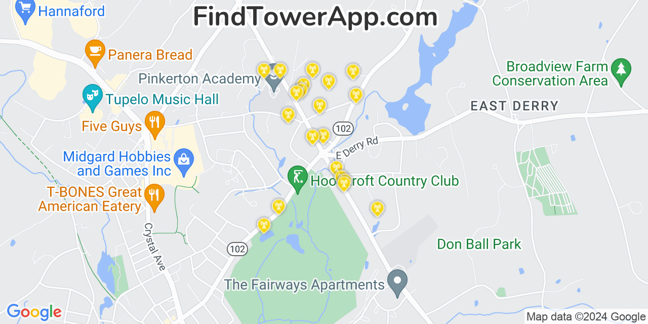 AT&T 4G/5G cell tower coverage map Derry Village, New Hampshire