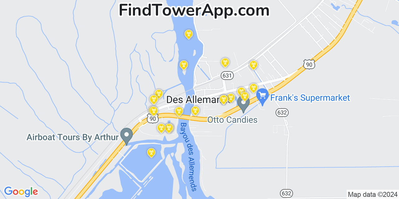AT&T 4G/5G cell tower coverage map Des Allemands, Louisiana