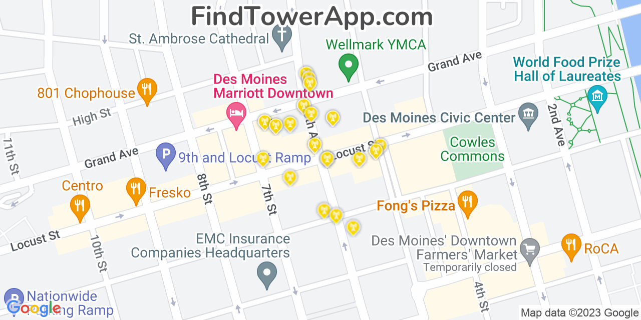AT&T 4G/5G cell tower coverage map Des Moines, Iowa