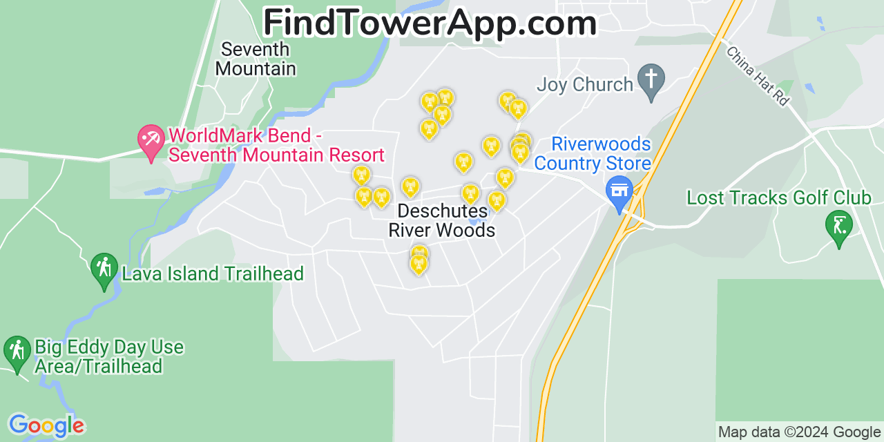 AT&T 4G/5G cell tower coverage map Deschutes River Woods, Oregon