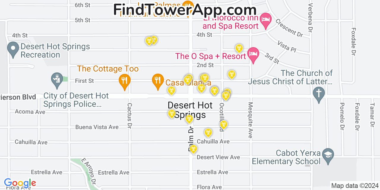 Verizon 4G/5G cell tower coverage map Desert Hot Springs, California