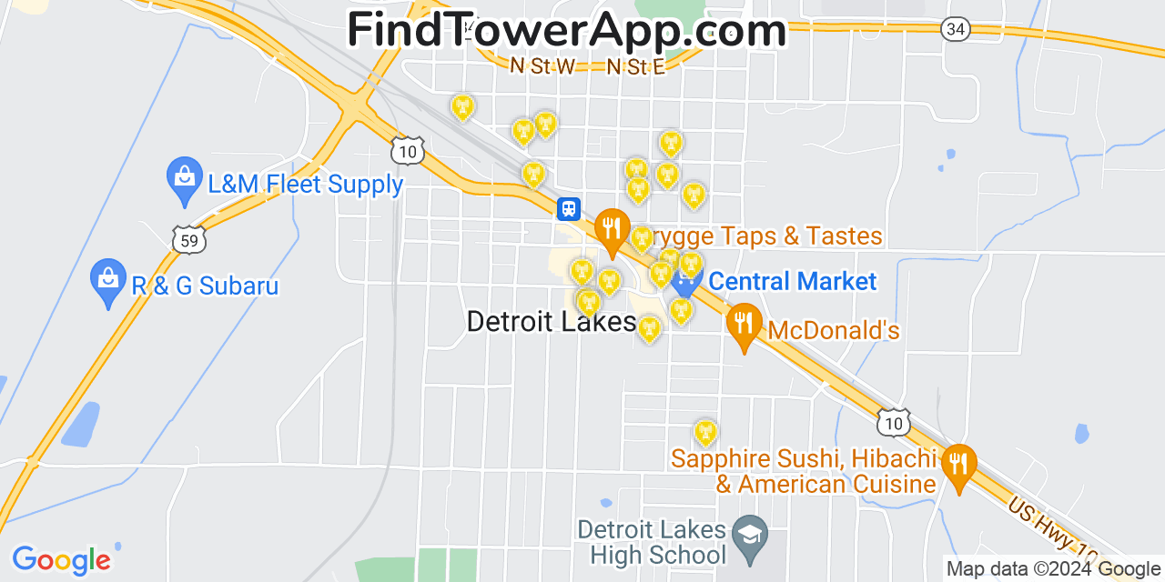 AT&T 4G/5G cell tower coverage map Detroit Lakes, Minnesota