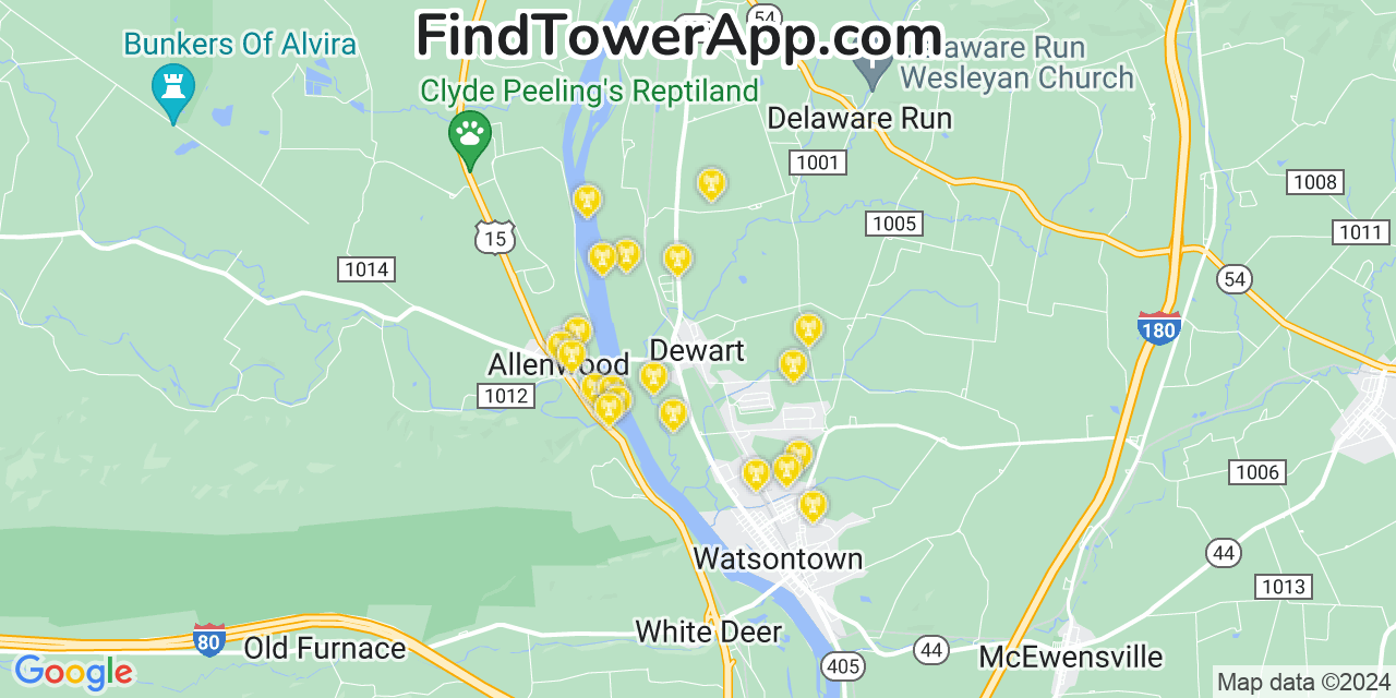 Verizon 4G/5G cell tower coverage map Dewart, Pennsylvania