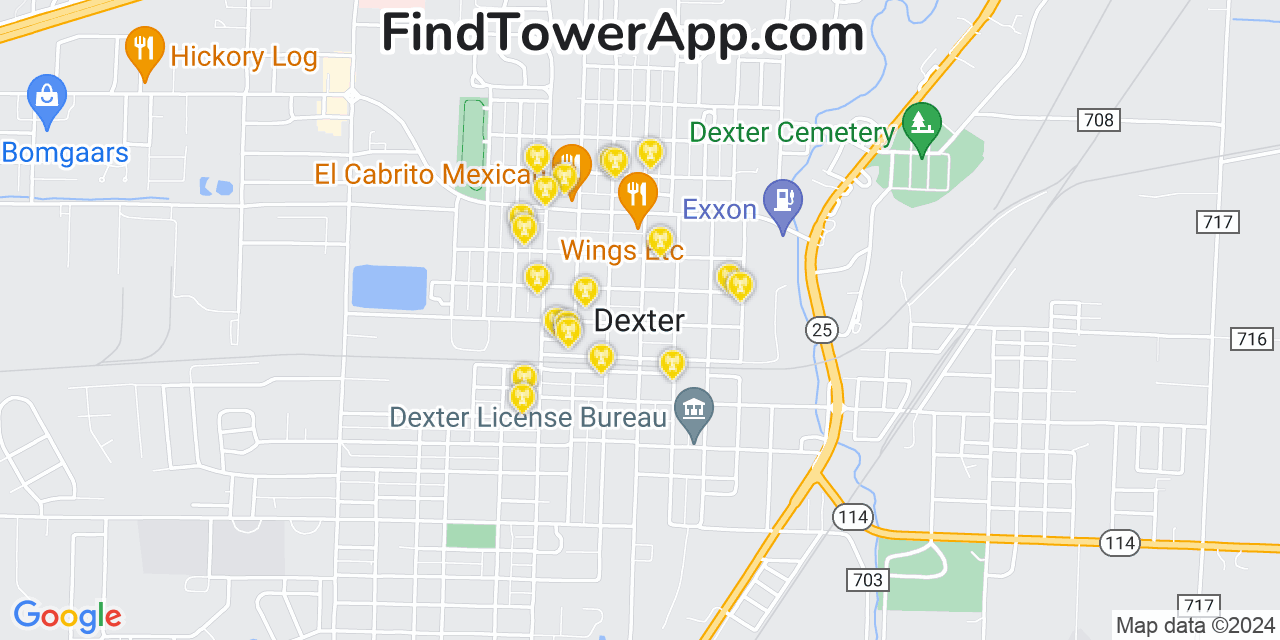 Verizon 4G/5G cell tower coverage map Dexter, Missouri