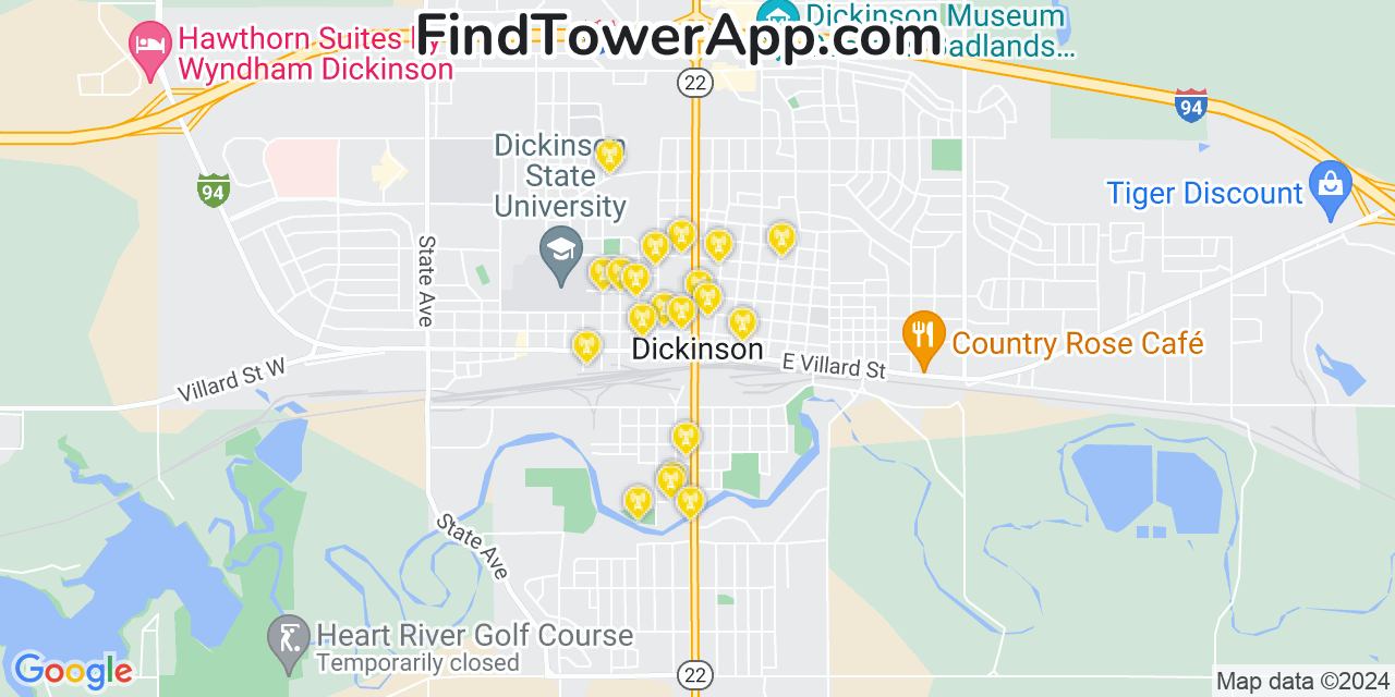 AT&T 4G/5G cell tower coverage map Dickinson, North Dakota