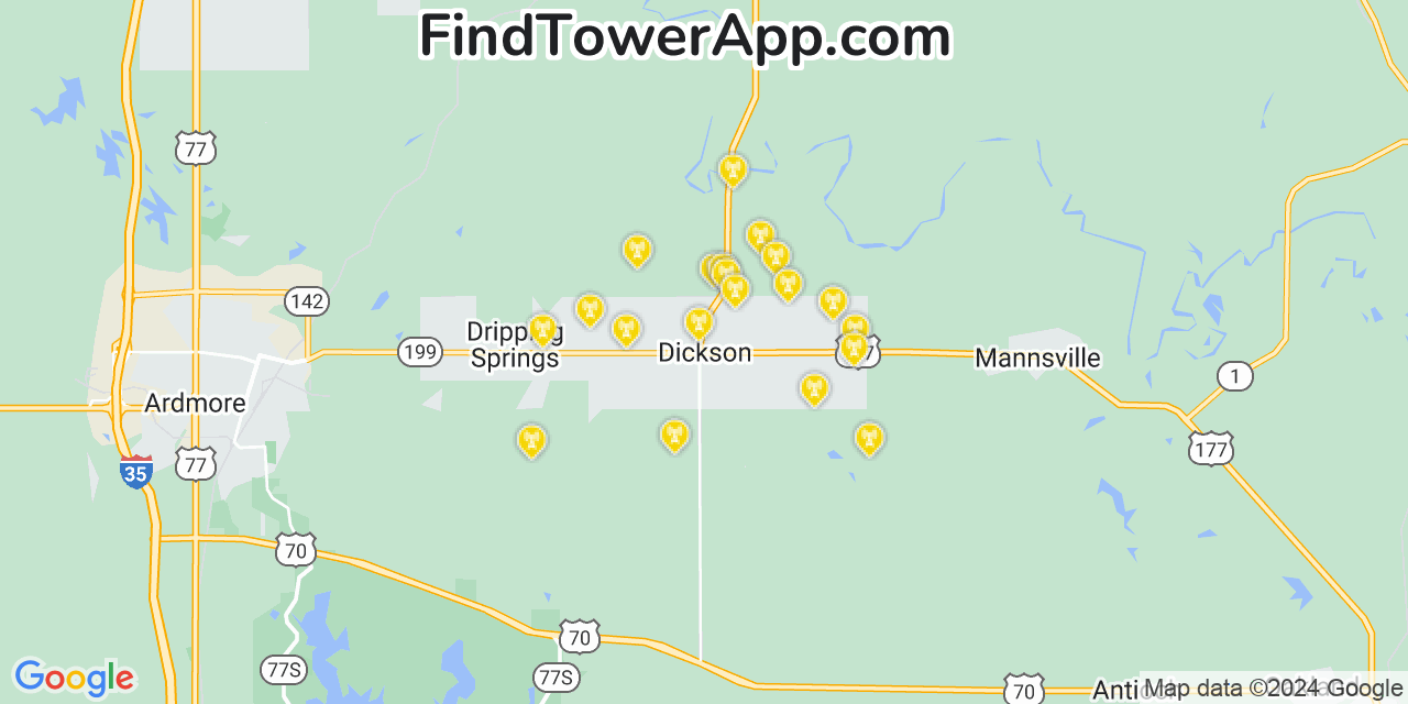 AT&T 4G/5G cell tower coverage map Dickson, Oklahoma