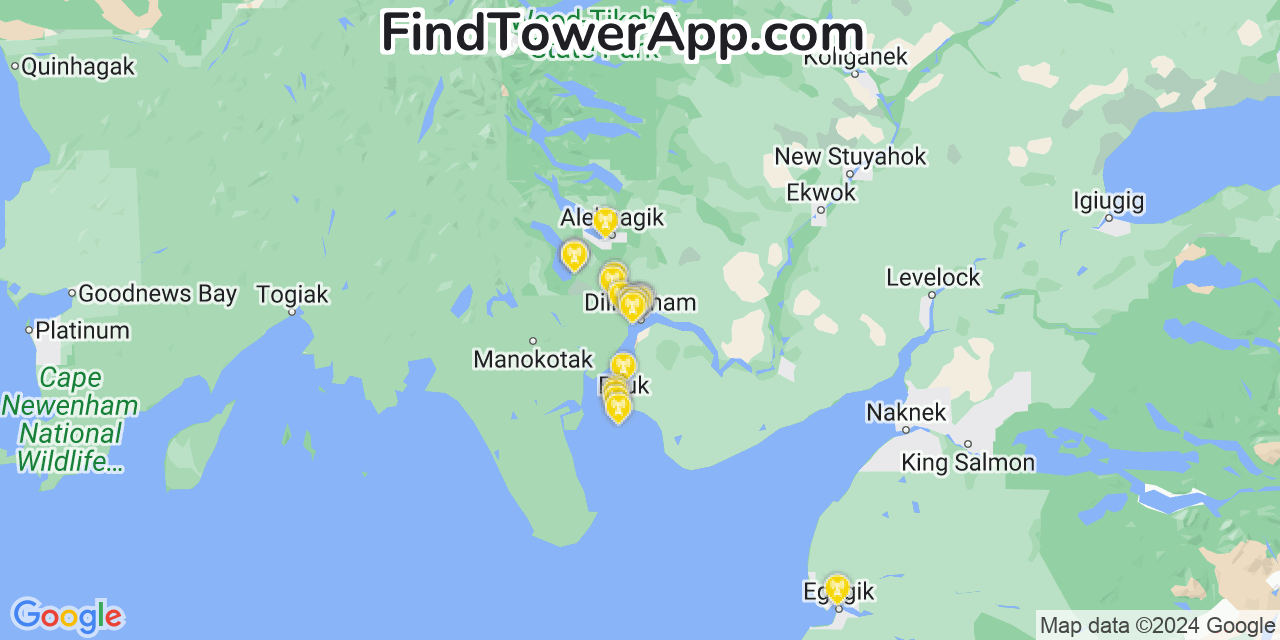 AT&T 4G/5G cell tower coverage map Dillingham, Alaska
