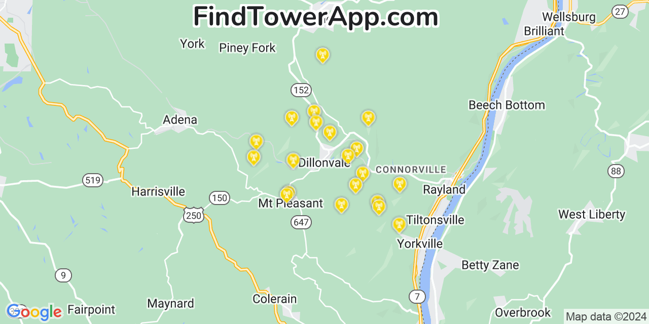 AT&T 4G/5G cell tower coverage map Dillonvale, Ohio