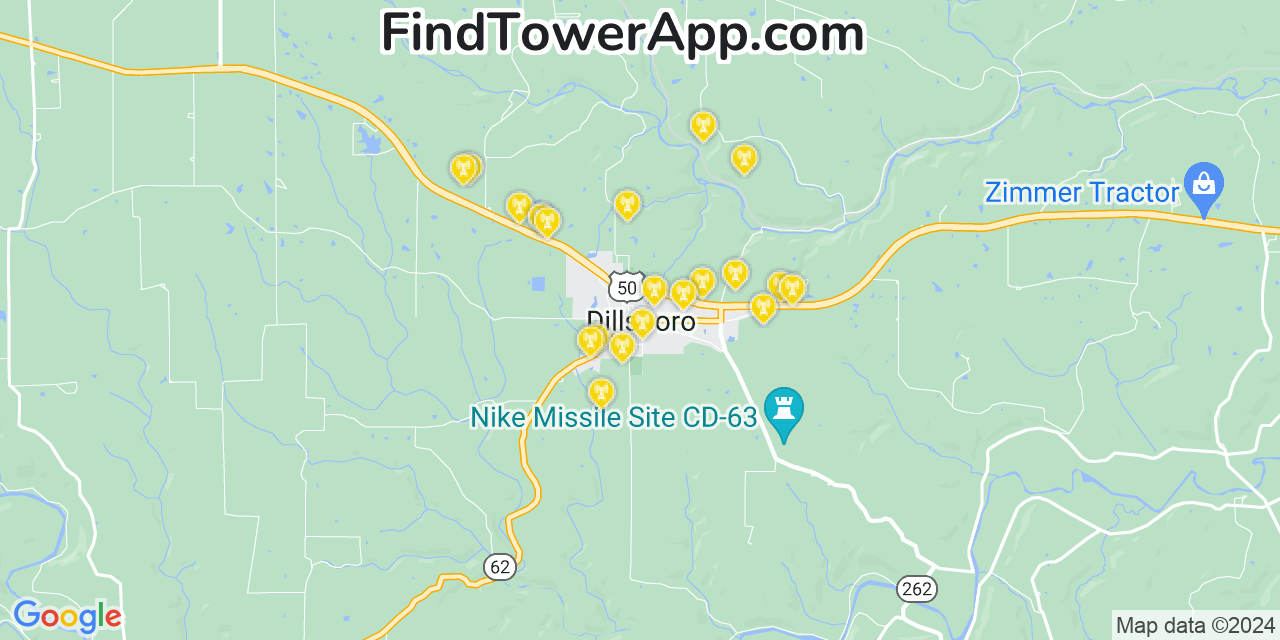 AT&T 4G/5G cell tower coverage map Dillsboro, Indiana