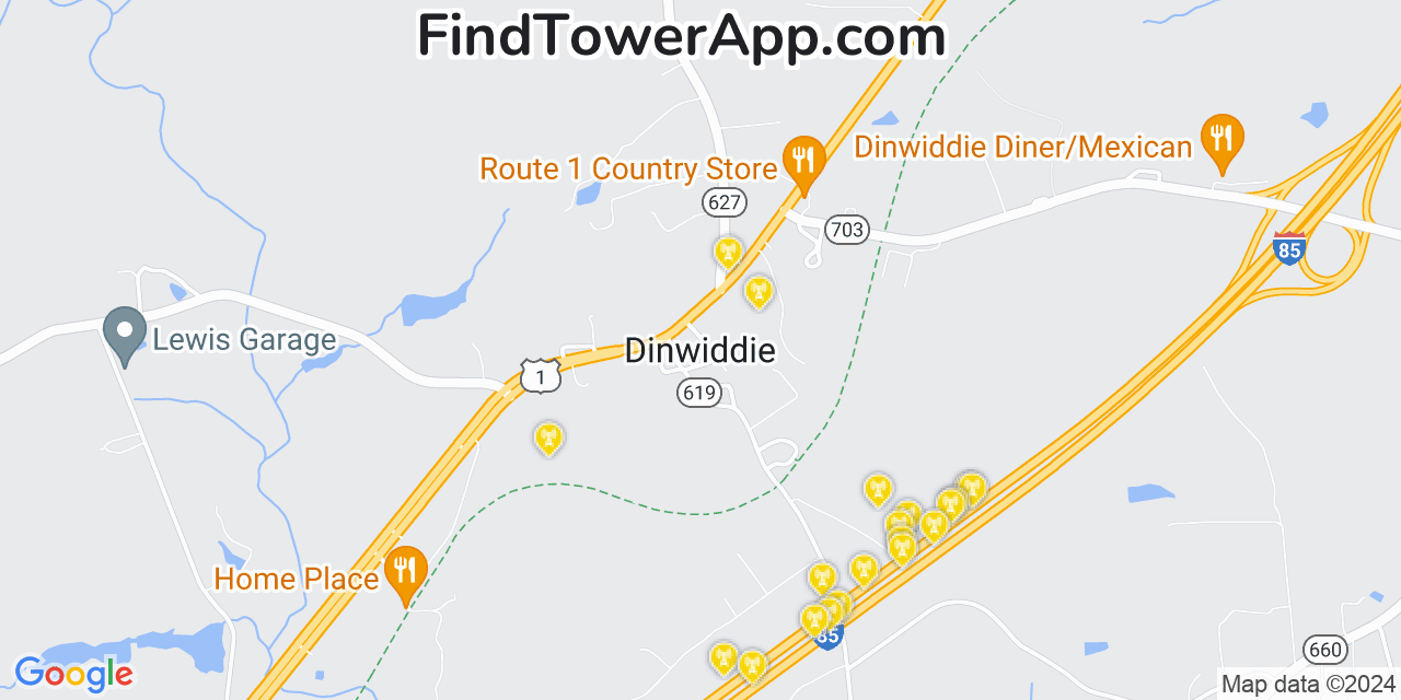 AT&T 4G/5G cell tower coverage map Dinwiddie, Virginia