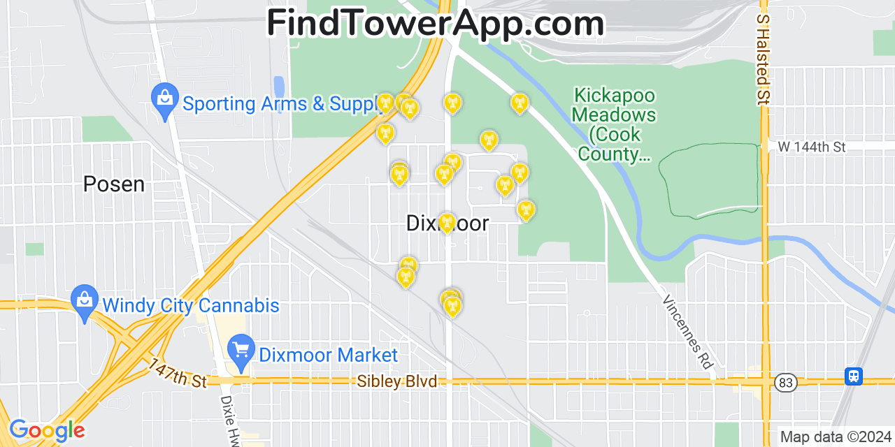 AT&T 4G/5G cell tower coverage map Dixmoor, Illinois