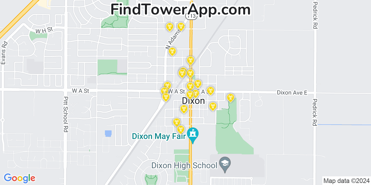 AT&T 4G/5G cell tower coverage map Dixon, California