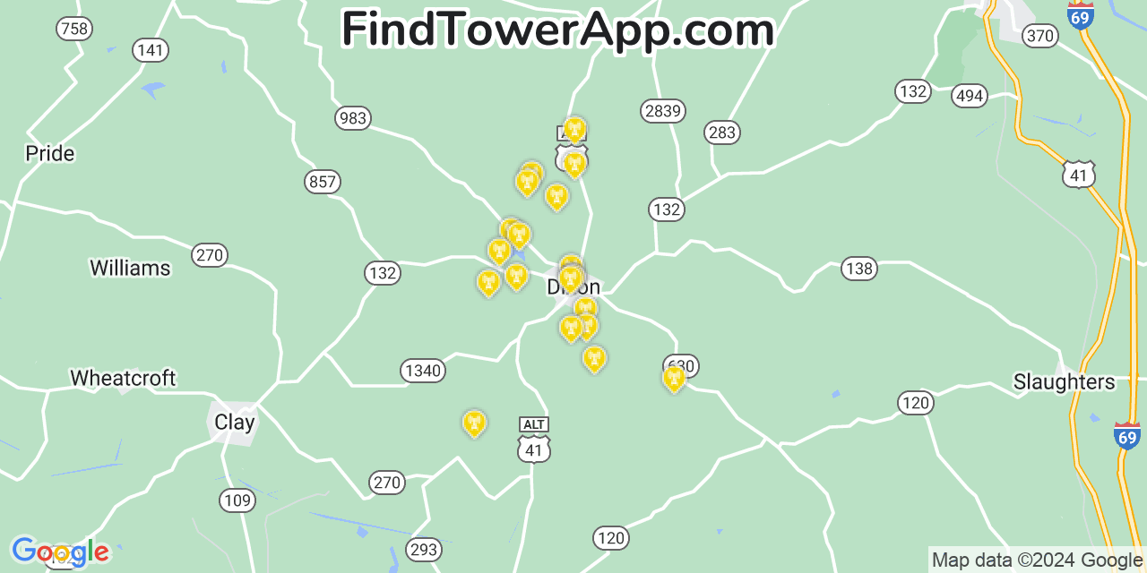 AT&T 4G/5G cell tower coverage map Dixon, Kentucky