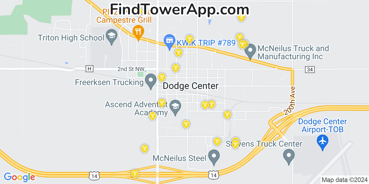 AT&T 4G/5G cell tower coverage map Dodge Center, Minnesota