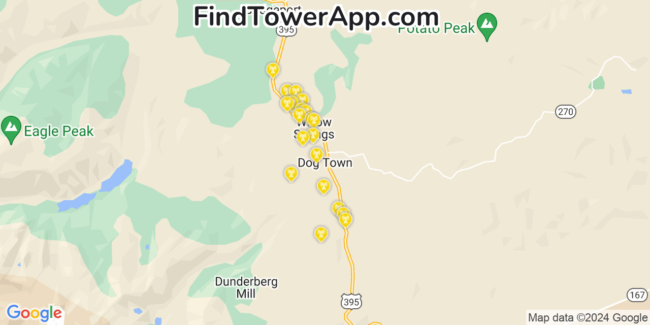 AT&T 4G/5G cell tower coverage map Dogtown, California