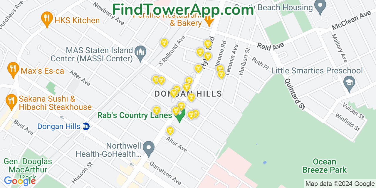 AT&T 4G/5G cell tower coverage map Dongan Hills, New York