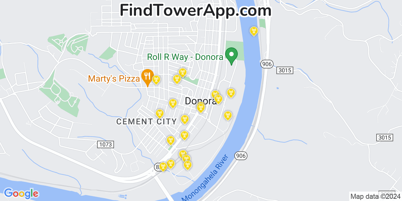 AT&T 4G/5G cell tower coverage map Donora, Pennsylvania