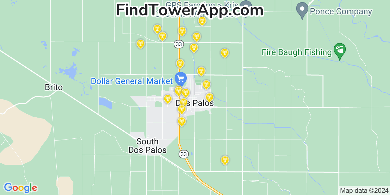 AT&T 4G/5G cell tower coverage map Dos Palos, California