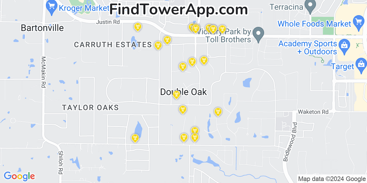 AT&T 4G/5G cell tower coverage map Double Oak, Texas